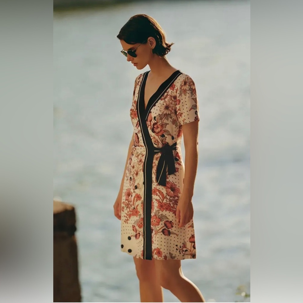 Anthropologie Maeve Aubrey Floral Polka Dot Wrap Dress Size 6